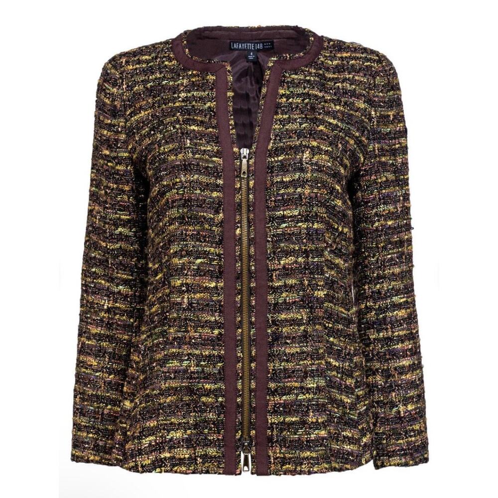 Lafayette 148 Brown Green Tweed Boucle Zip Up Jacket Sz 8 Lady Elegant Preppy